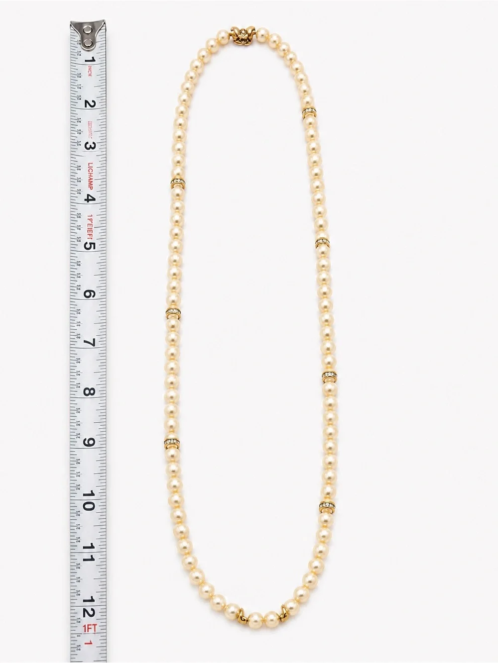 J.Crew Long Strand Faux Pearl Necklace Gold Rhinestone Accents